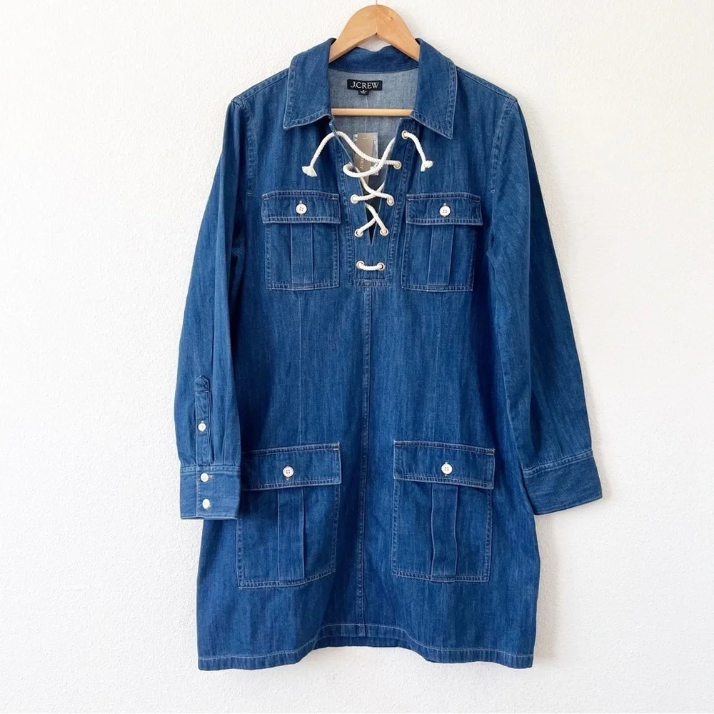 J.Crew Harbor Indigo Denim Lace-Up Front Casual Utility Pockets 90s Mini Dress
